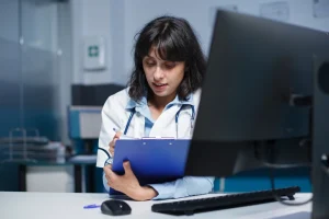 Female Doctor reviewing patient charts and records for Internal Medicine Medical Billing.