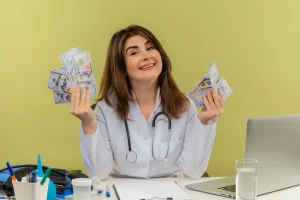Healthcare professional holding money explains what is reimbursement in healthcare.