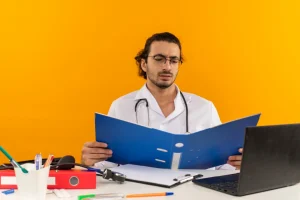 Doctor reviewing insurance documents at a desk, illustrating what is denial in medical billing and claim review processes.