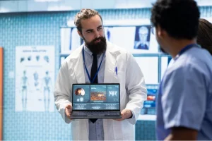 Doctor presenting patient diagnostic data to colleagues during concurrent review in a clinical setting.