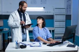 Healthcare professionals reviewing patient records and digital documentation in a clinic while managing medical billing outsourcing and administrative tasks.