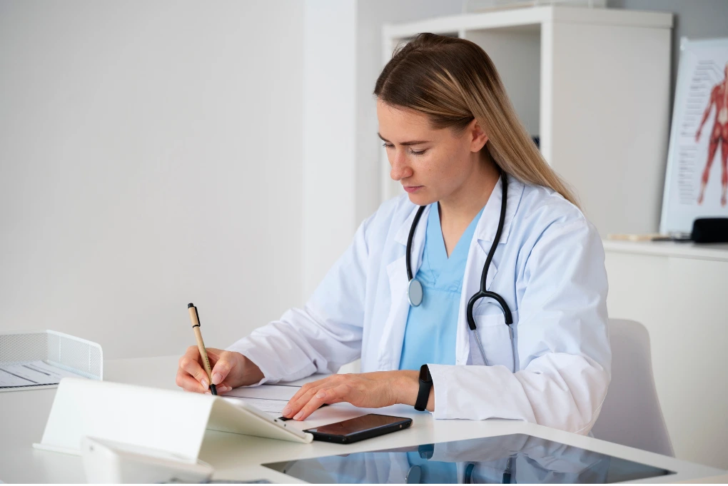 Doctor reviewing paperwork to determine who is responsible for getting pre authorization for medical treatments and insurance approval.