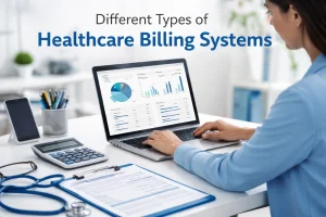 Healthcare Billing Systems displayed on a digital medical billing platform with patient data and claim management tools.
