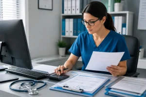Healthcare professional reviewing billing documents and financial records in a medical office, reflecting CAQH Credentialing Cost management.