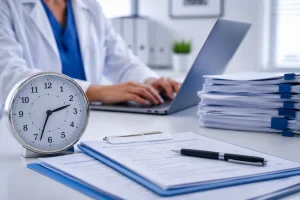 Medical professional reviewing credentialing documents, illustrating How Long Does Credentialing Take.