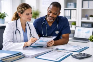 Healthcare professionals reviewing financial documents and patient billing records while discussing revenue cycle management strategies.