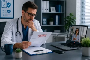 Healthcare provider reviewing a denied telehealth claim during a virtual consultation to prevent Telehealth Claim Denials.