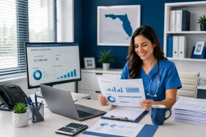 Healthcare professional reviewing revenue cycle reports to help improve RCM Florida medical practices.
