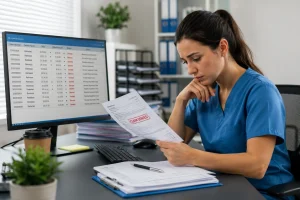Mental Health Billing Denials New York showing a healthcare specialist reviewing denied insurance claims