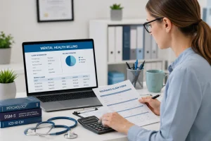 Medical billing specialist reviewing claims for Mental Health Billing for Therapists.