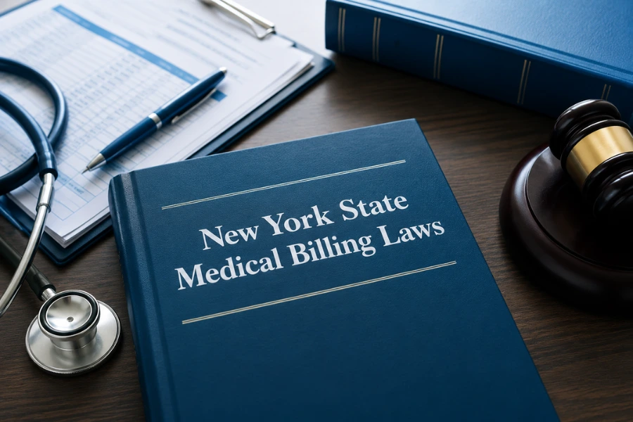 Healthcare compliance documents representing New York State Medical Billing Laws for medical practices.