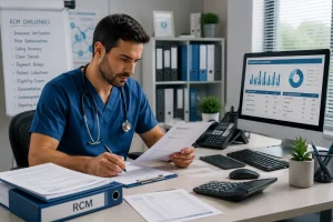 Male healthcare provider reviewing reports to overcome RCM Challenges Florida Healthcare practices face.