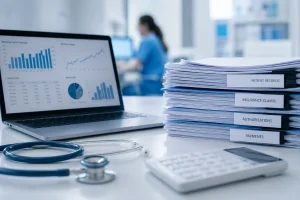 Healthcare provider reviewing billing reports for RCM Challenges New Jersey in a modern medical office.