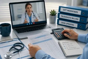 Healthcare professional reviewing Telehealth Modifiers during a virtual medical billing session.