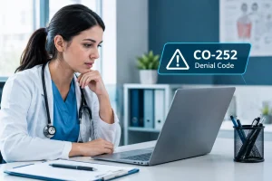 Female healthcare provider reviewing a CO-252 Denial Code on a laptop.