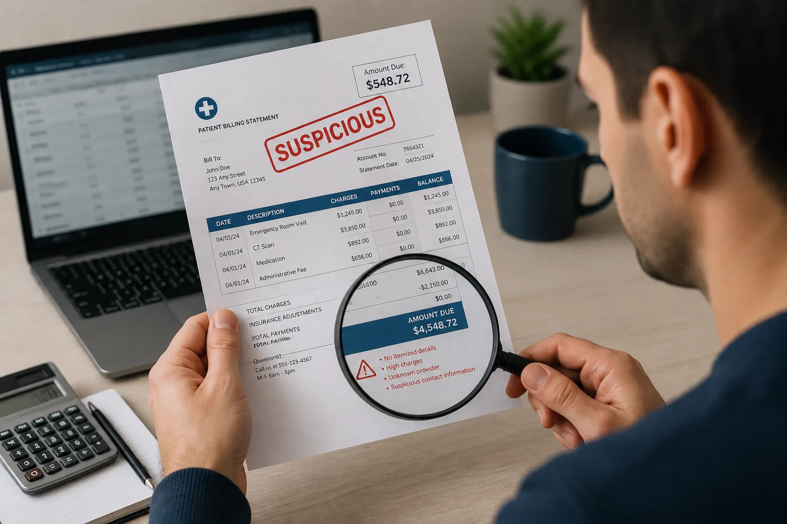 Reviewing of suspicious medical bill to learn how to spot a fake medical bill.